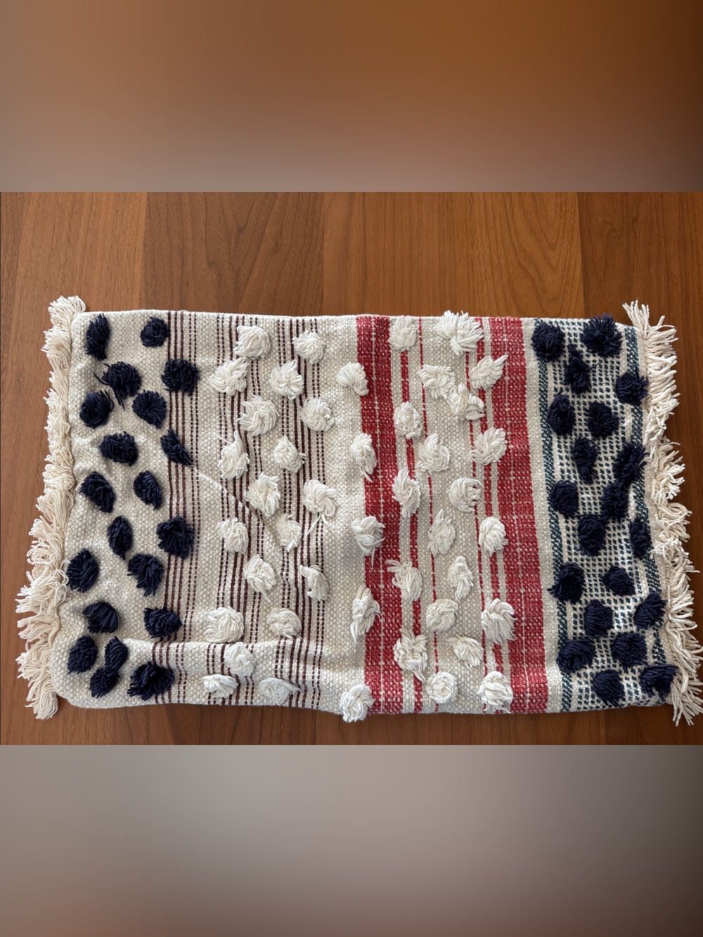 Handwoven Cream, Navy & Red Decorative Accent Throw Pillow
